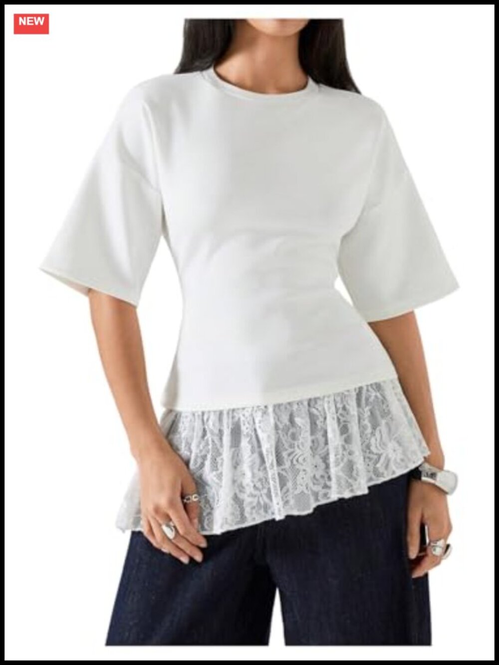Women's Lace Peplum Top, Round Neck, Drop Shoulder, Asymmetrical, Breathable,